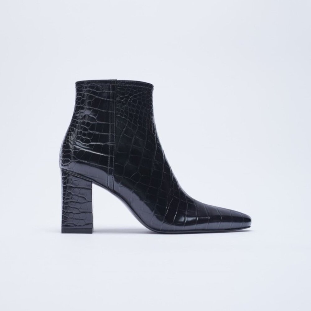 ZARA Croc Faux Patent Leather Chunky Block Heel Ankle Boots Women's Size 6.5 37
